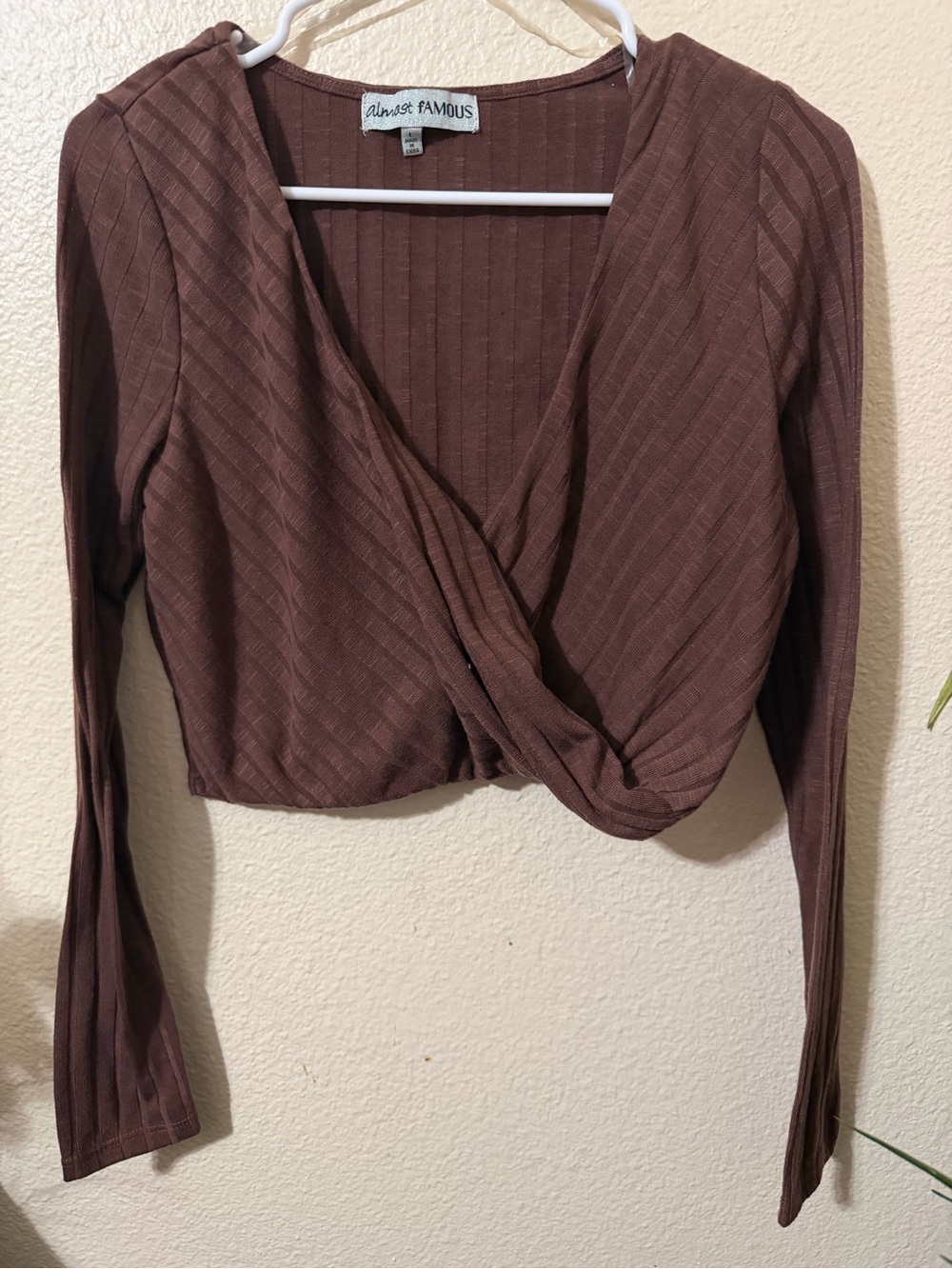 Almost Famous Chocolate Brown Ribbed Twist-Front Long Sleeve Top